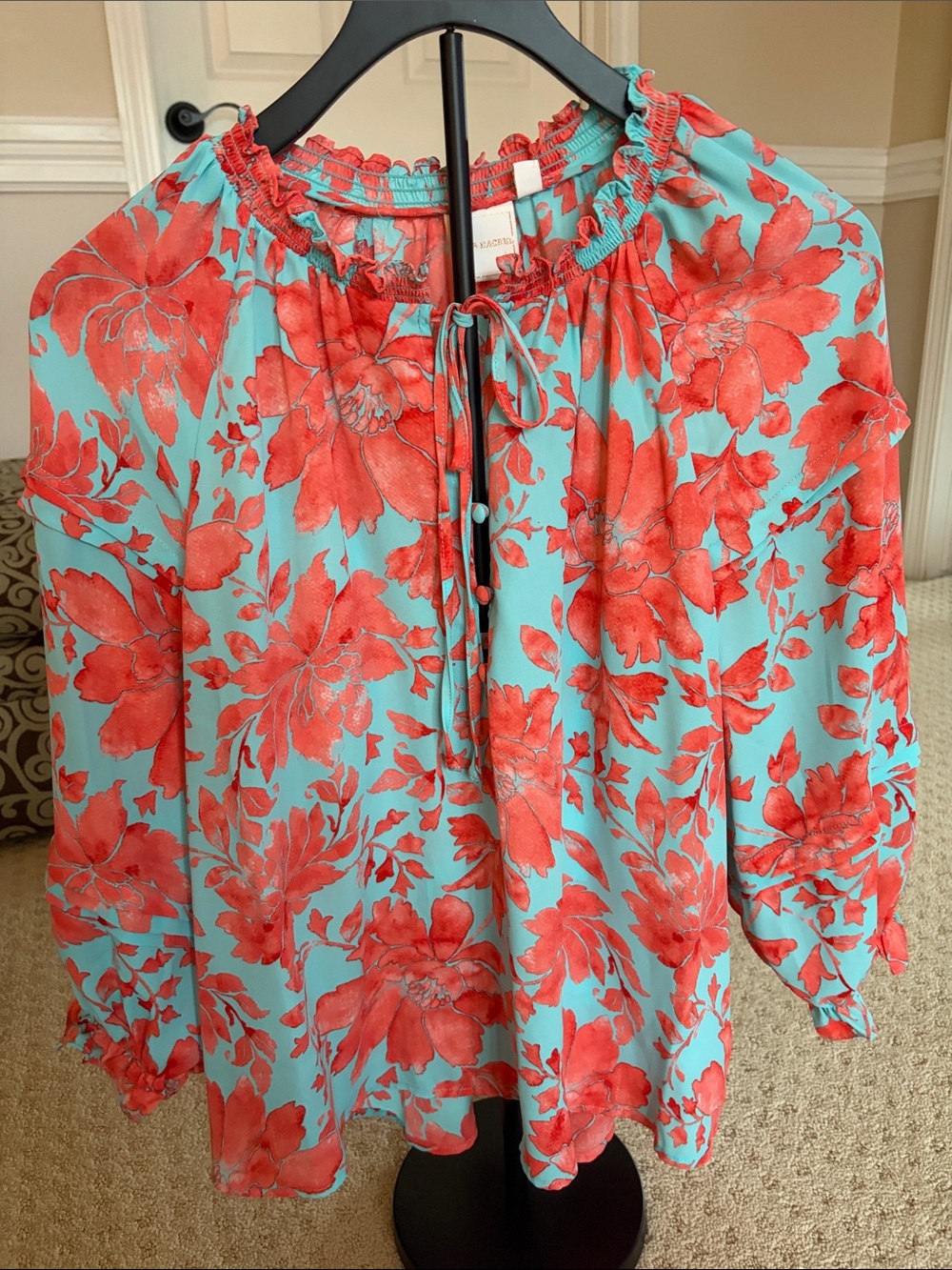 Zac & Rachel Turquoise Peasant Blouse with Coral Floral Print